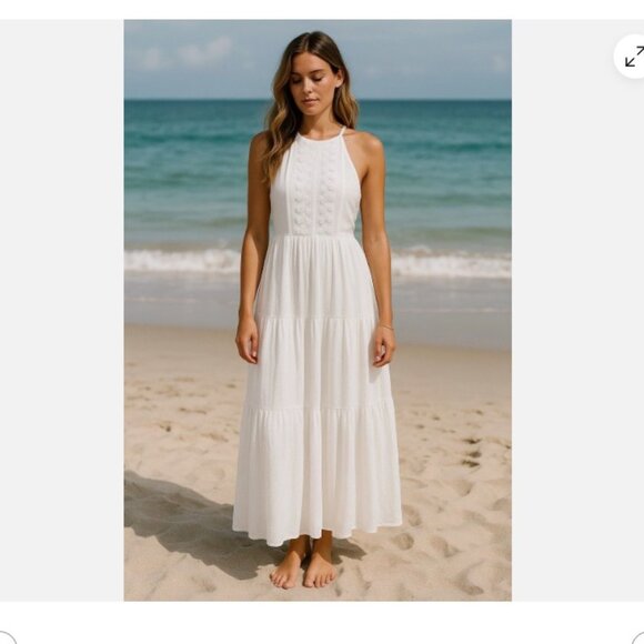 NEW Lulus Cream Crochet Embroidered Halter Tiered Boho Maxi Dress Beach Bridal - Picture 1 of 8